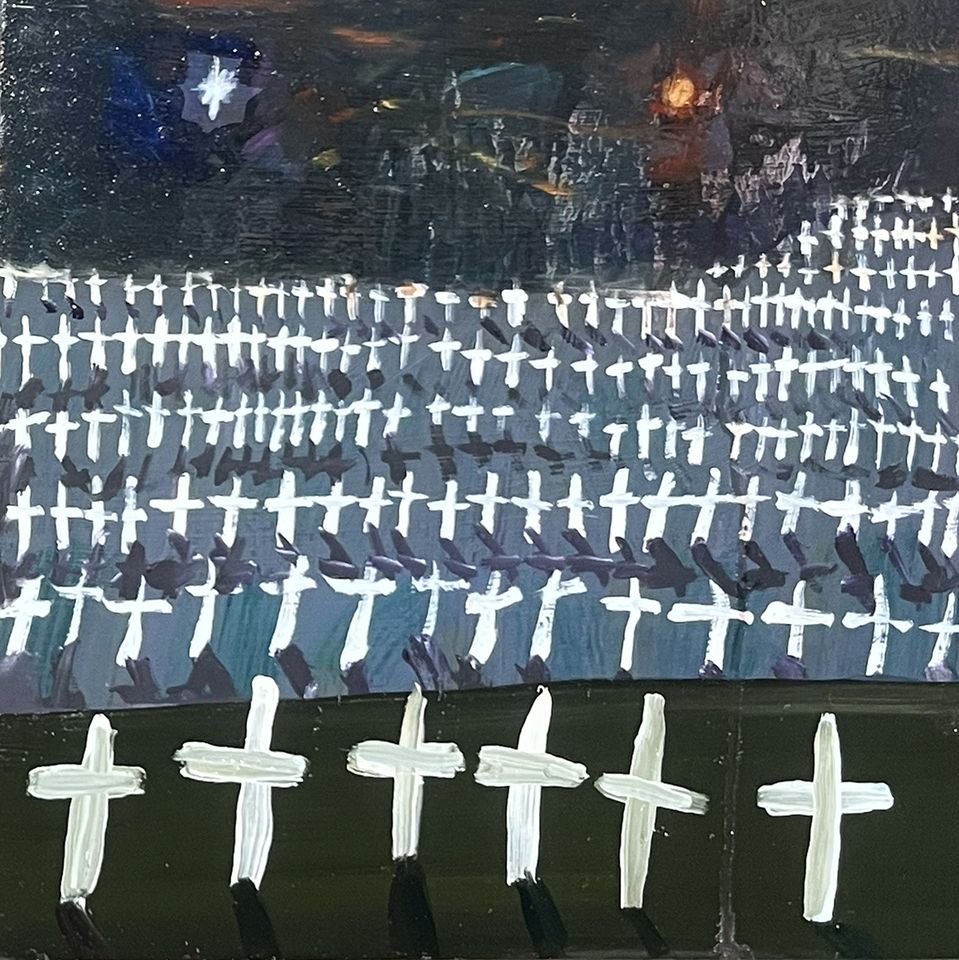 Image may contain Cross Symbol Graveyard Outdoors and Person